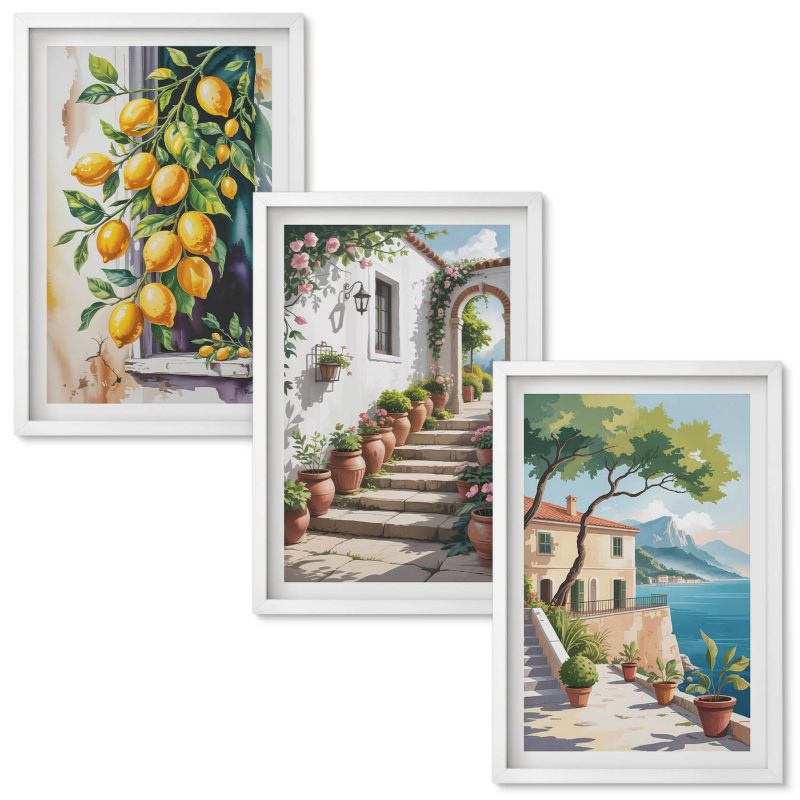 Obraz Ścienny Zestaw Wallfluent Cytryny kwiaty widoki morze Biała rama 40x60 cm 3 szt.