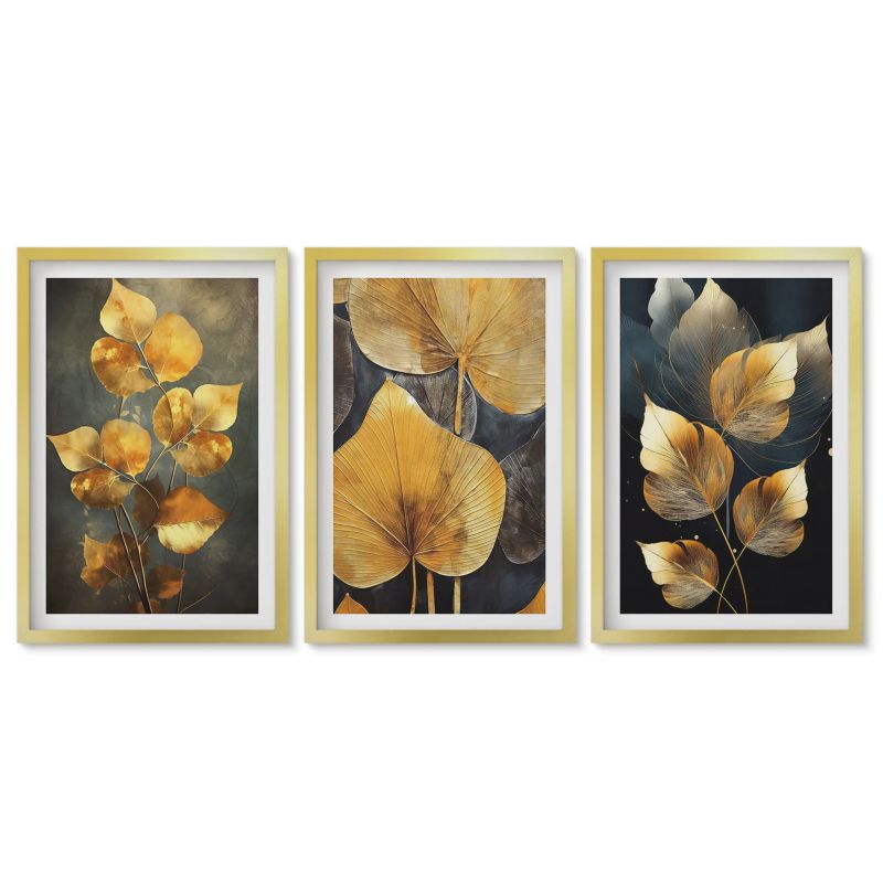 Zestaw 3 obrazów w złotej ramie Tulup 40x60 cm Liście żółte ciemne tło Galeria ścienna 1 kpl