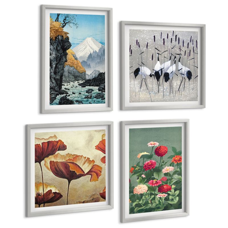 Zestaw 4 Obrazów ArtPrintCave (2x50x50+2x40x60cm) Srebrna rama Góry wodospad ptaki kwiaty 1 kpl.