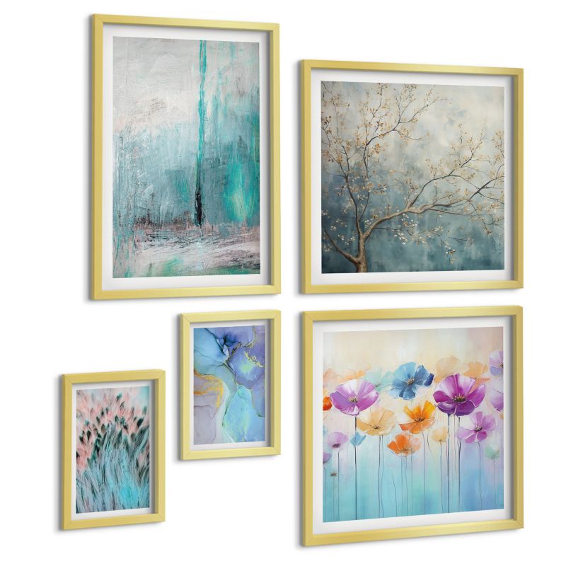Zestaw Obrazów 5 Częściowy ArtPrintCave (2x50x50+2x20x30+40x60cm) Złota rama Sceneria latarni morska dziewczyna 1 kpl.