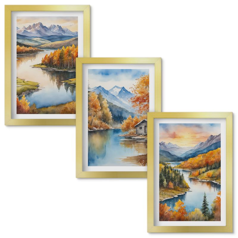 Zestaw obrazów Wallfluent Jesienne górskie krajobrazy Złota rama 20x30cm 3 szt.