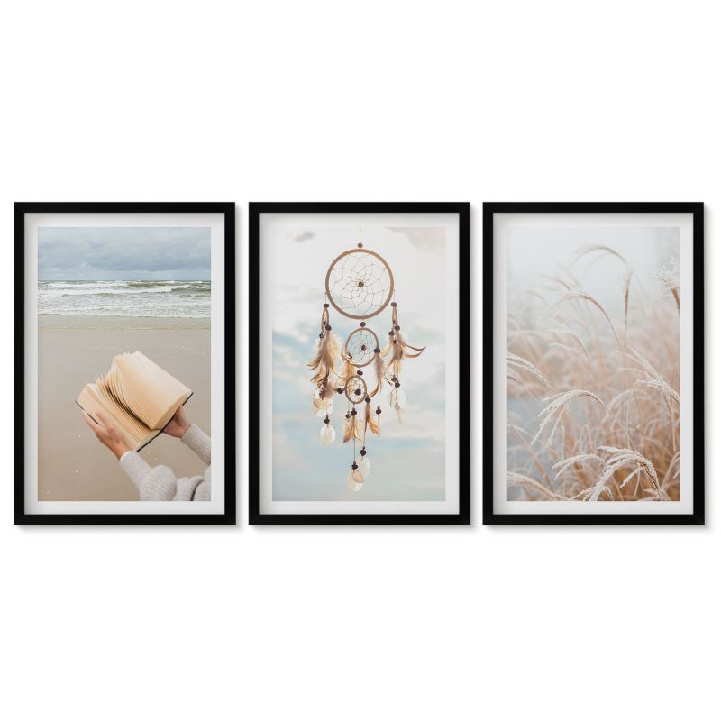Zestaw 3 obrazów w czarnych ramach Tulup 40x60 cm Spokojne pejzaże letnie boho Obrazy nad biurko zestaw czarna rama 1 kpl