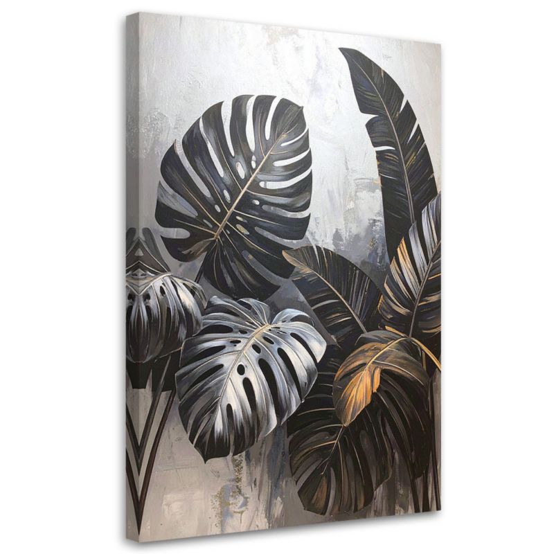Obraz na płótnie Feeby Czarne liście monstery, pionowy, motyw do przedpokoju, wzór 61982, 40x60 cm, 1 szt.