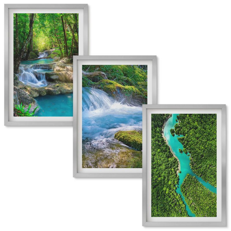 Obrazy Do Sypialni Wallfluent Zielone lasy krystaliczne wody Srebrna rama 40x60 cm 3 szt.