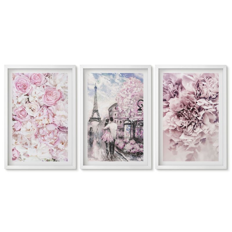 Trzy obrazy w białej ramie zestaw Tulup 40x60 cm Kwiaty odcienie różu krajobraz Obrazy w białej ramie 1 kpl