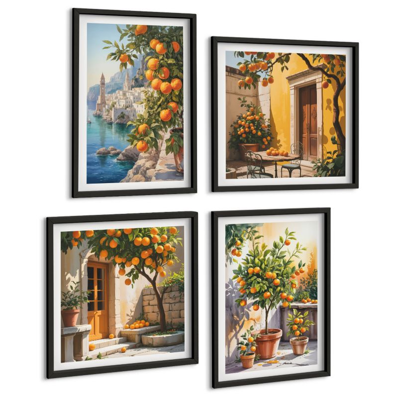 Zestaw Obrazów 4 Częściowy ArtPrintCave (2x50x50+2x40x60cm) Czarna rama Malowane cytrusy krajobrazy 1 kpl.