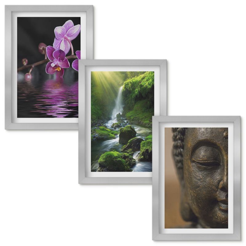 Obraz Ścienny Zestaw Wallfluent Kwiaty wodospad Budda skały Zen Srebrna rama 20x30cm 3 szt.