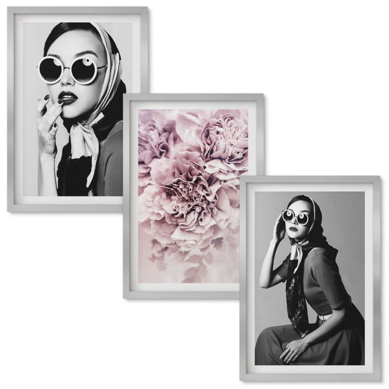 Zestaw Obrazów w Ramie Wallfluent Stylowe portrety kobiet kwiaty Srebrna rama 40x60 cm 3 szt.
