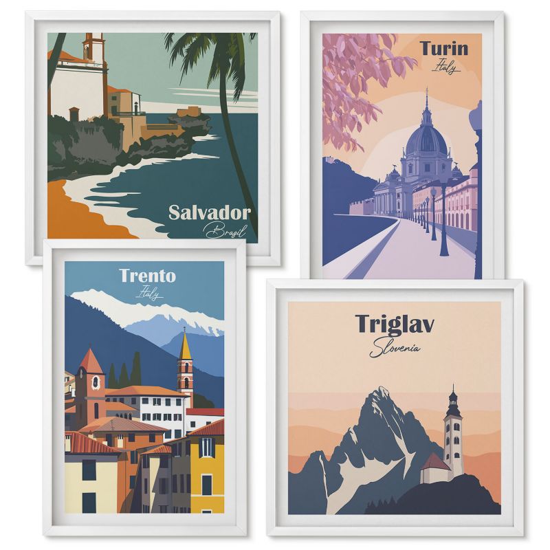 Zestaw Obrazów w Ramie Wallfluent Góry retro architektura ilustracje Biała rama 4 szt.
