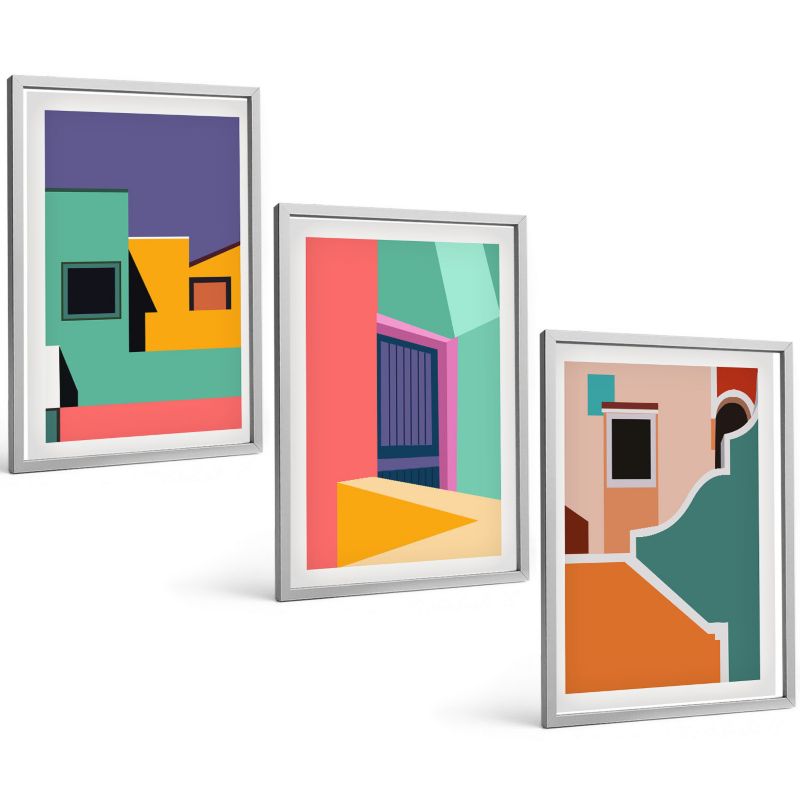 Komplet 3 Obrazów w Srebrnej Ramie ArtPrintCave 40x60 cm Grafika Ścienna Kolorowe ilustracje miasta 1 kpl.