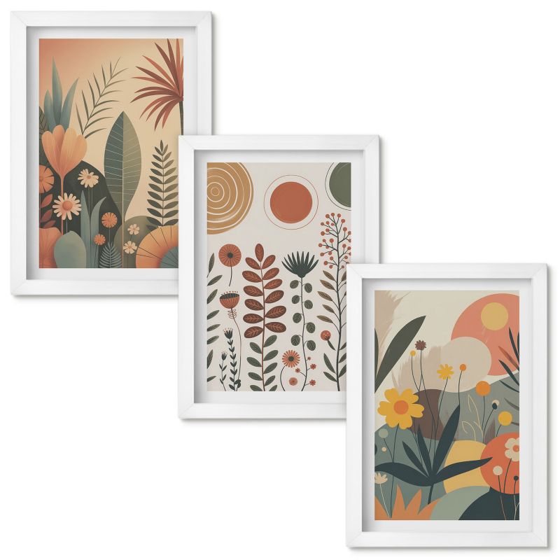 Zestaw obrazów Wallfluent Boho roślinne wzory natura Biała rama 20x30cm 3 szt.