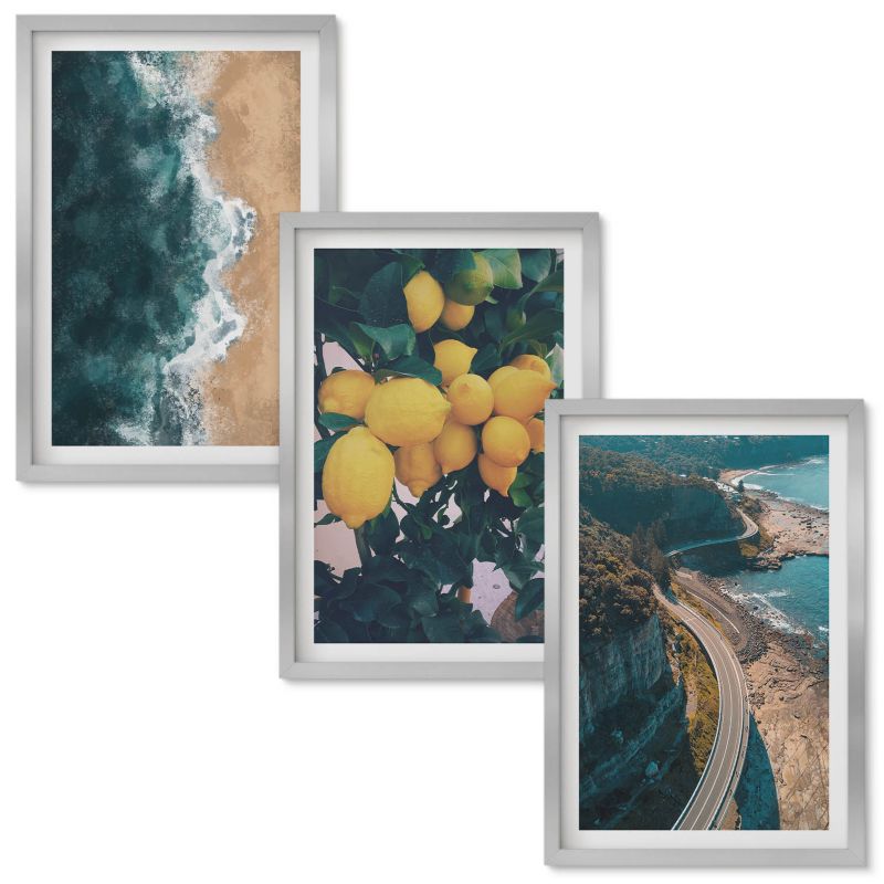 Obraz Ścienny Zestaw Wallfluent Morze plaża cytryny góry Srebrna rama 40x60 cm 3 szt.