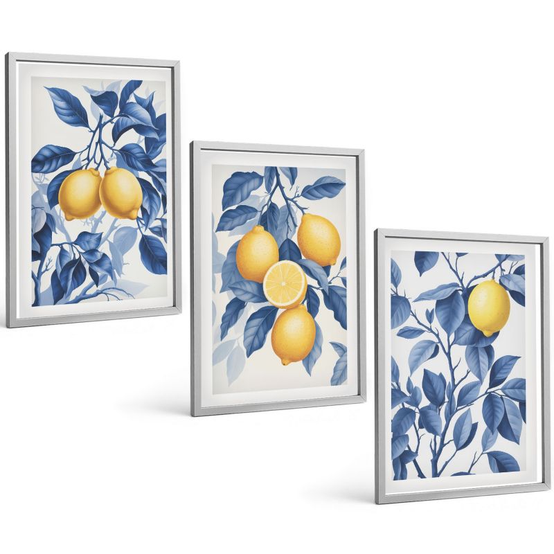 Galeria 3 Obrazów w Srebrnej Ramie ArtPrintCave 40x60 cm Komplet ścienny Cytryny gałęzie niebieskie liście 1 kpl.