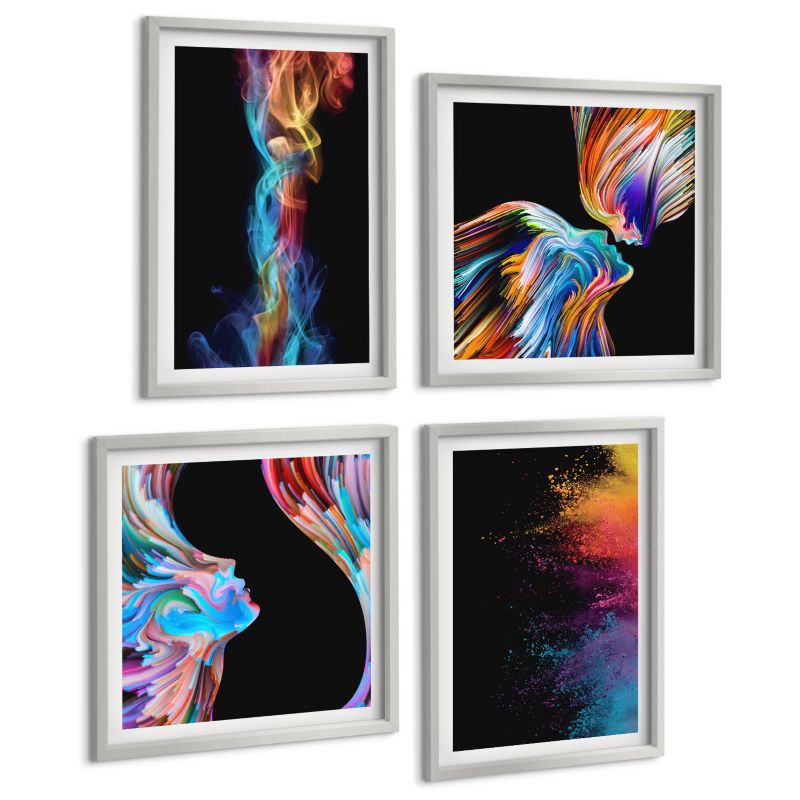 Czteroczęściowy Zestaw Obrazów ArtPrintCave (2x50x50+2x40x60cm) Srebrna rama Kolorowe abstrakcje twarze kształty 1 kpl.