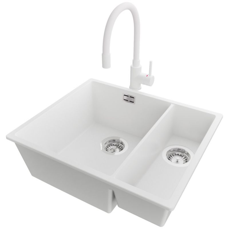 Zlewozmywak Granitowy Londyn Duo Slim PRIMAGRAN Nablatowy 56x47cm do Szafki od 60cm, Biały + Bateria + Syfon, S029, 1 szt.