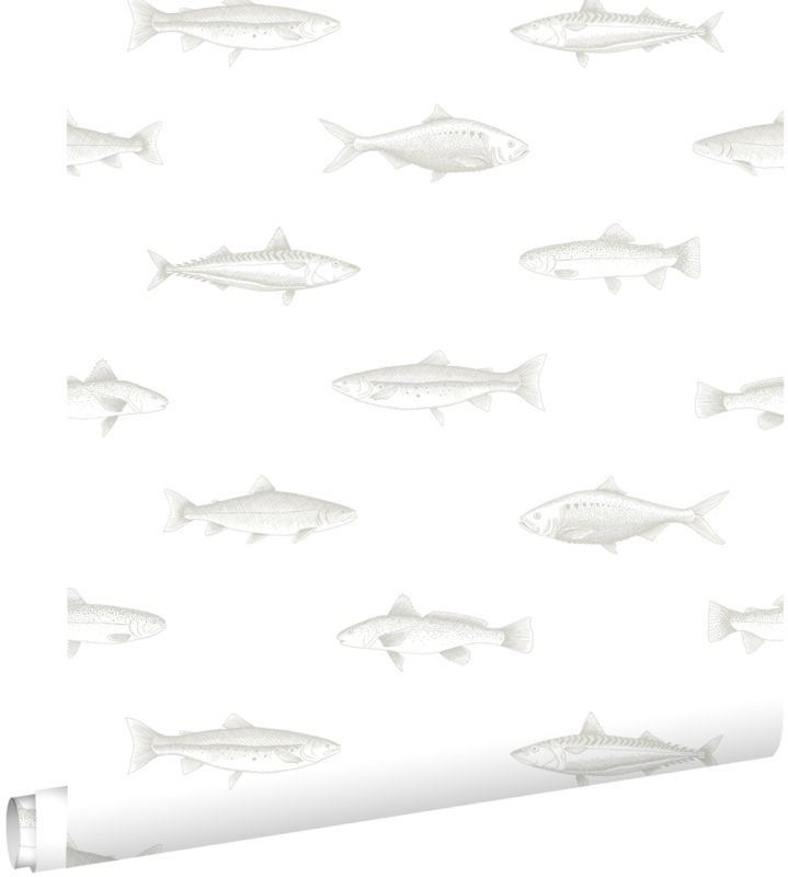 Tapeta ESTAhome rysunek piórkiem ryby białymIsrebrnym 53 cm x 10.05 m - 1 rol.