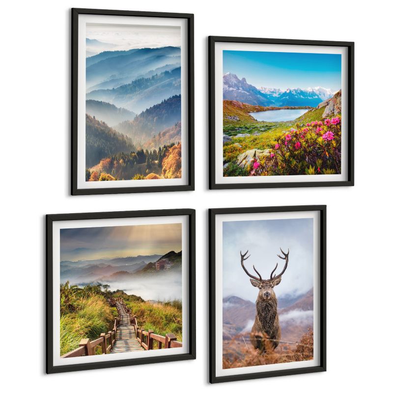 Zestaw 4 Obrazów ArtPrintCave (2x50x50+2x40x60cm) Czarna rama Górski krajobraz jezioro jeleń 1 kpl.