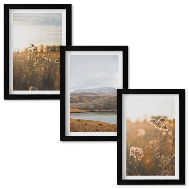 Obrazy Do Sypialni Wallfluent Krajobrazy łąki góry jezioro Czarna rama 20x30cm 3 szt.