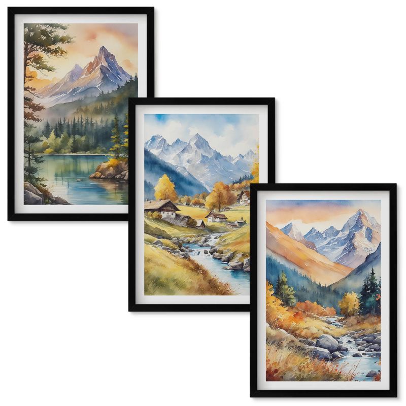 Tryptyk w Ramie Wallfluent Górski krajobraz z rzeką Czarna rama 40x60 cm 3 szt.