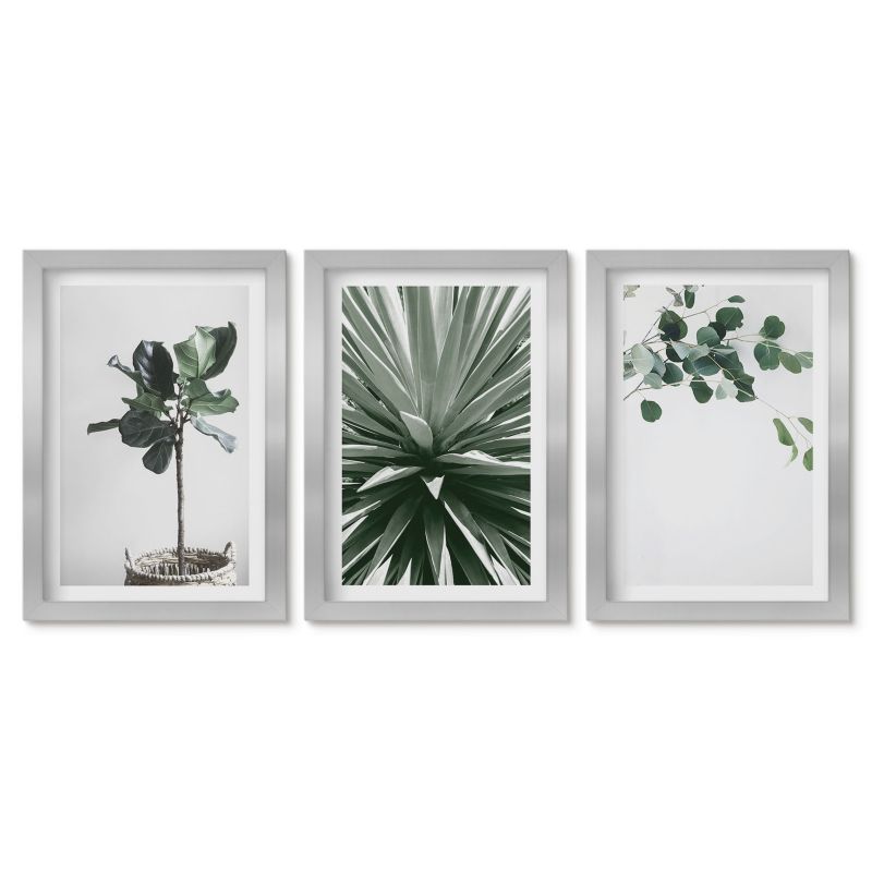 Zestaw 3 obrazów w srebrnej ramie Tulup 20x30 cm Zielone rośliny minimalizm Dekoracja ścienna do przedpokoju 1 kpl