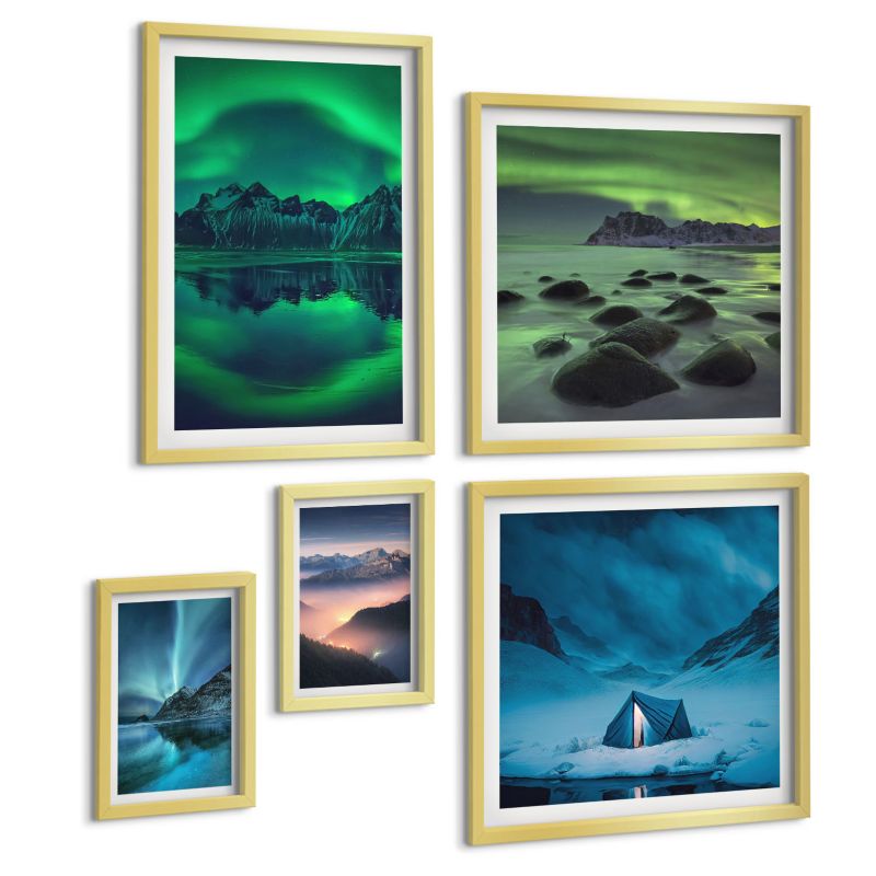 Galeria 5 Obrazów ArtPrintCave (2x50x50+2x20x30+40x60cm) Złota rama Stylowe roślinne wzory i geometria 1 kpl.