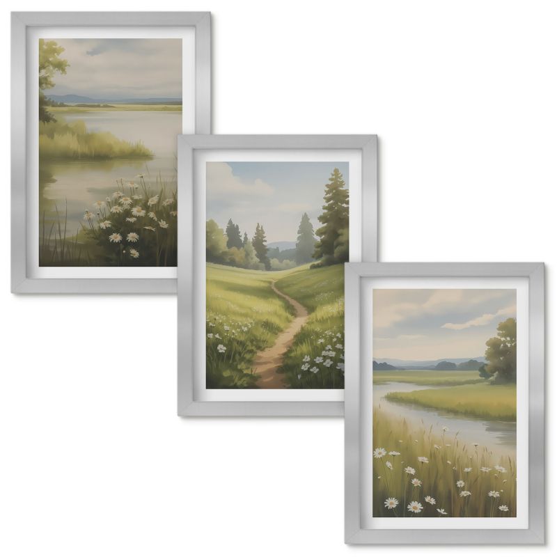 Tryptyk Obrazów w Ramie Wallfluent Wiosenny krajobraz rzeka łąka Srebrna rama 20x30cm 3 szt.