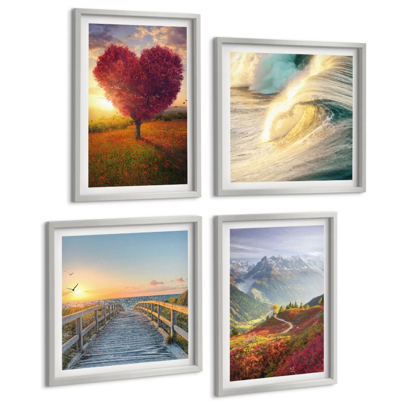 Galeria 4 Obrazów ArtPrintCave (2x50x50+2x40x60cm) Srebrna rama Krajobrazy góry fale drzewo serce molo 1 kpl.