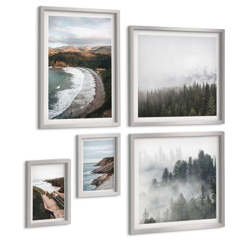 Zestaw Obrazów 5 Częściowy ArtPrintCave (2x50x50+2x20x30+40x60cm) Srebrna rama Widoki klifów plaża pejzaże 1 kpl.
