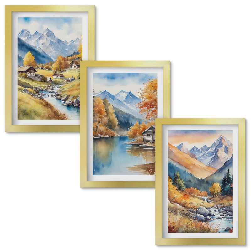 Zestaw obrazów Wallfluent Jesienne góry rzeka domki Złota rama 20x30cm 3 szt.