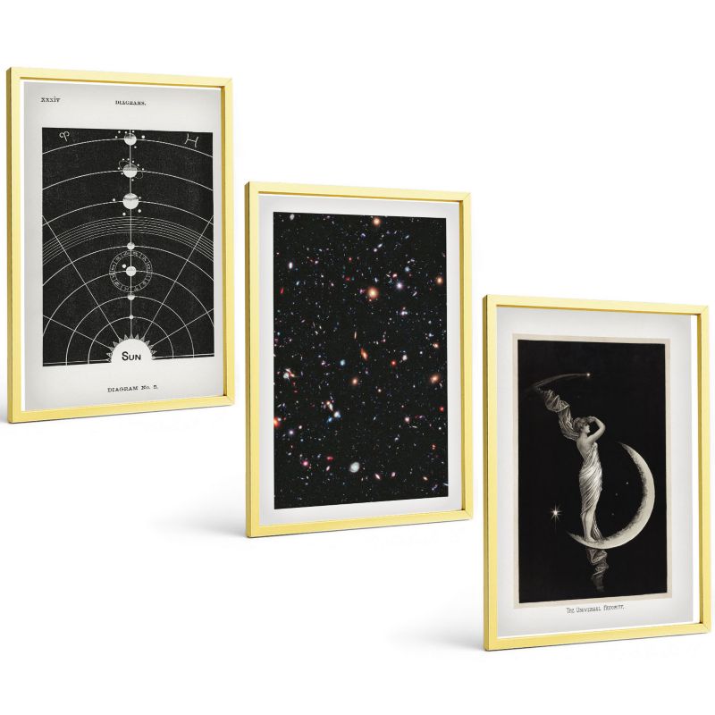 Komplet 3 Obrazów w Złotej Ramie ArtPrintCave 40x60 cm Grafika Ścienna Układ słoneczny nocna postać 1 kpl.