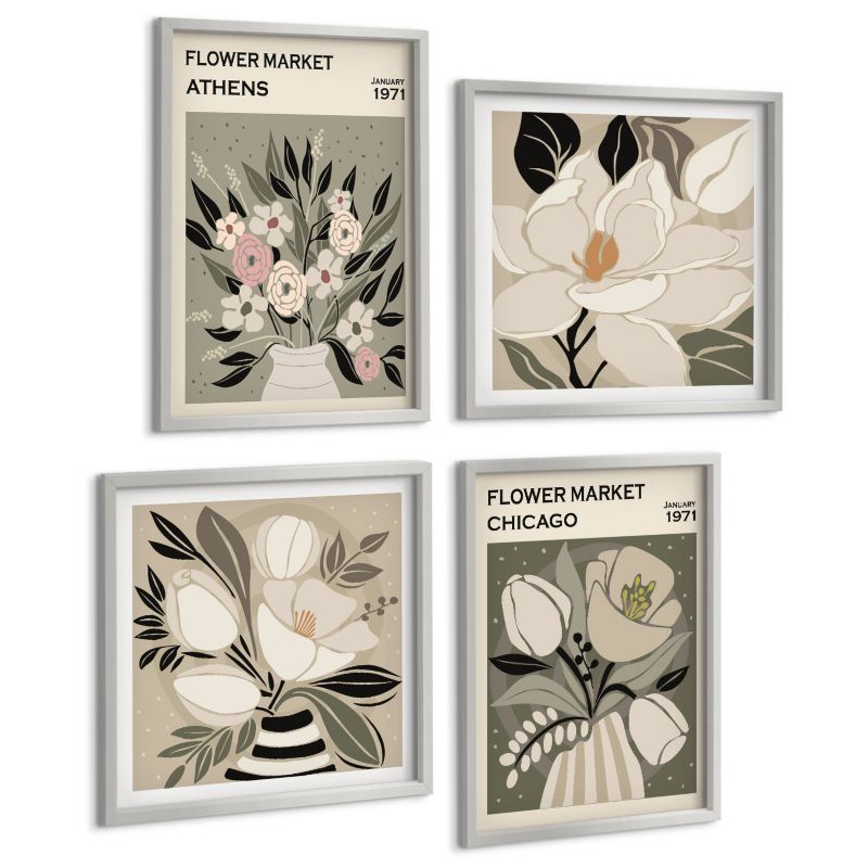 Komplet 4 Obrazów ArtPrintCave (2x50x50+2x40x60cm) Srebrna rama Kwiatowe retro z różnych miast 1 kpl.