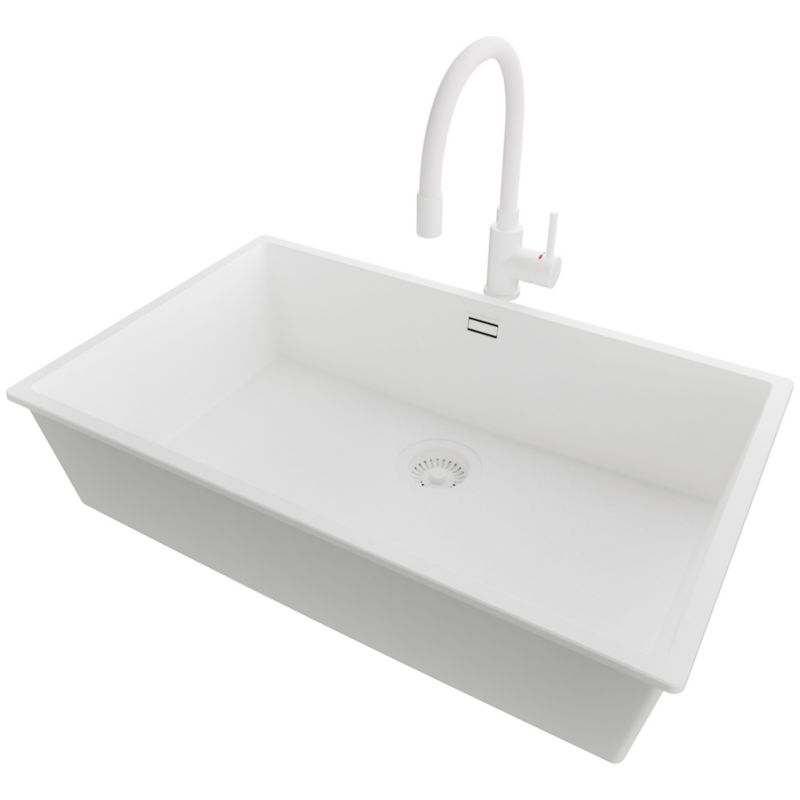 Zlewozmywak Granitowy Londyn Slim PRIMAGRAN Nablatowy 76x47cm do Szafki od 80cm, Cały Biały + Bateria + Syfon, S506, 1 szt.