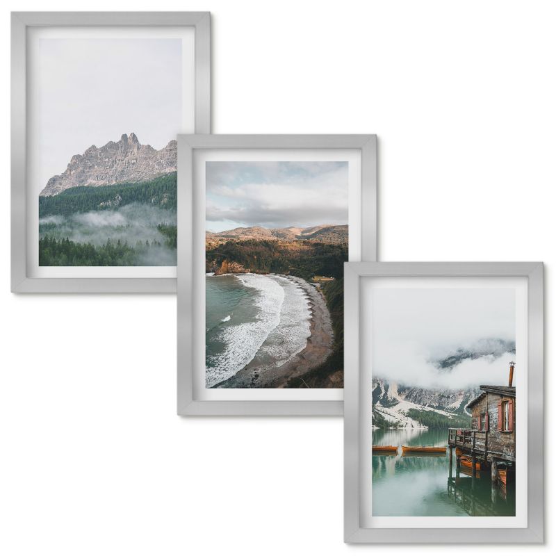 Obrazy do Salonu Wallfluent Górskie plaże drewniany dom Srebrna rama 20x30cm 3 szt.