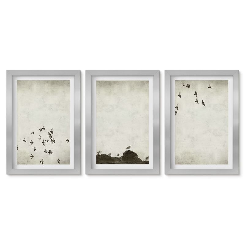 Zestaw 3 obrazów w srebrnych ramach Tulup 20x30 cm Ptaki w locie styl minimalistyczny Stylowa galeria nad biurko 1 kpl