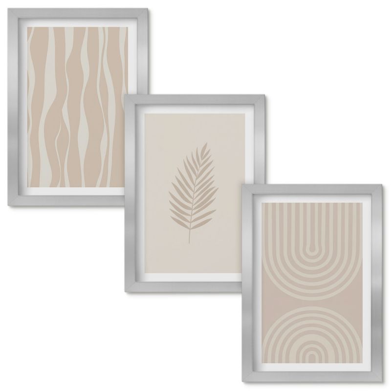 Set Obrazów w Ramie Wallfluent Beżowe wzory roślinne Srebrna rama 20x30cm 3 szt.