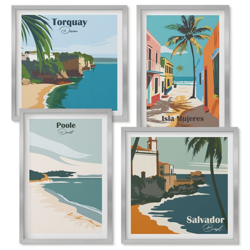Obrazy Do Sypialni Wallfluent Tropikalne plaże i palmy Srebrna rama 4 szt.