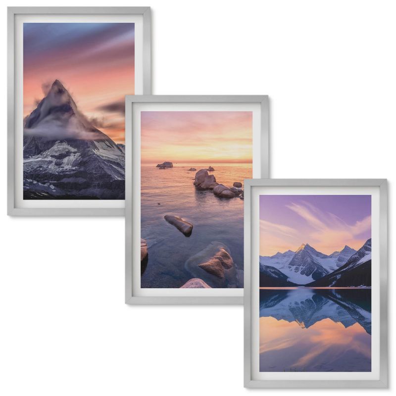Tryptyk w Ramie Wallfluent Krajobraz gór jezioro zachód Srebrna rama 40x60 cm 3 szt.