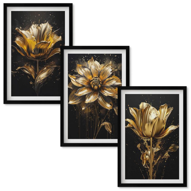 Obrazy do Salonu Wallfluent Kwiaty żółte ciemne tło Czarna rama 40x60 cm 3 szt.