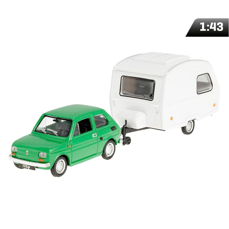 Model 1:43 Zestaw Fiat 126p + przyczepa Niewiadów Kemping, zielony, Carmotion, 1 szt.