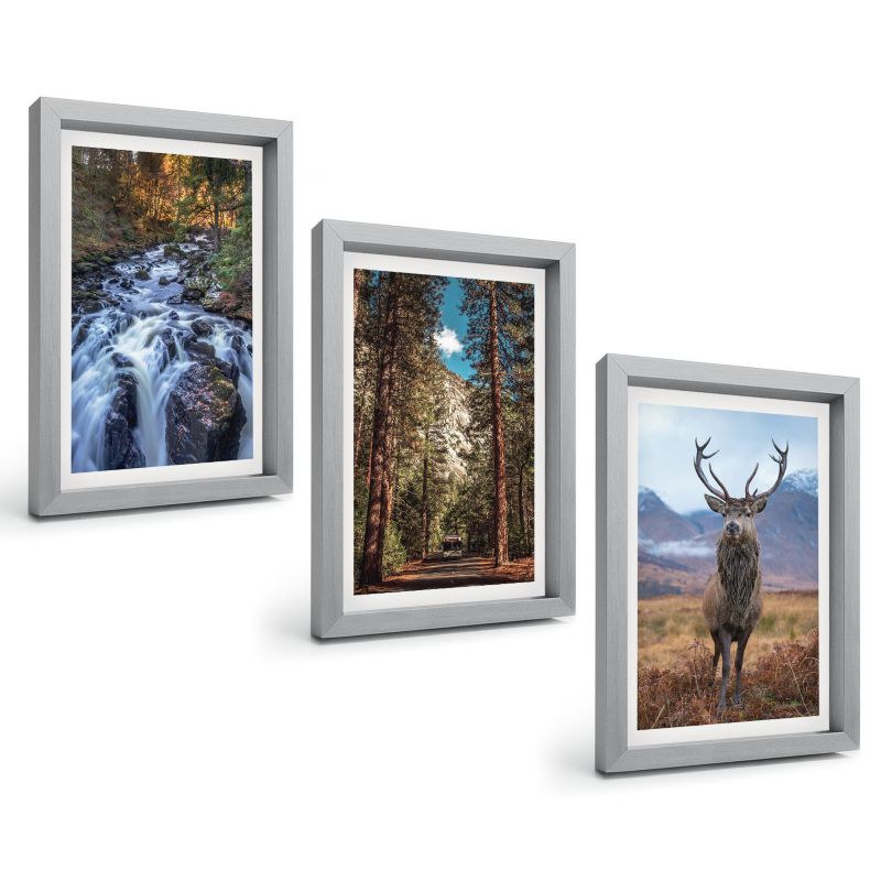 Zestaw 3 Obrazów w Srebrnej Ramie ArtPrintCave 20x30 cm Galeria Ścienna Wodospad las góry jeleń natura 1 kpl.