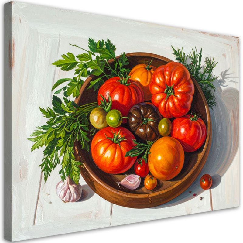 Obraz do kuchni jadalni restauracji Feeby Martwa natura pomidory i zioła w misce 120x80cm 1szt