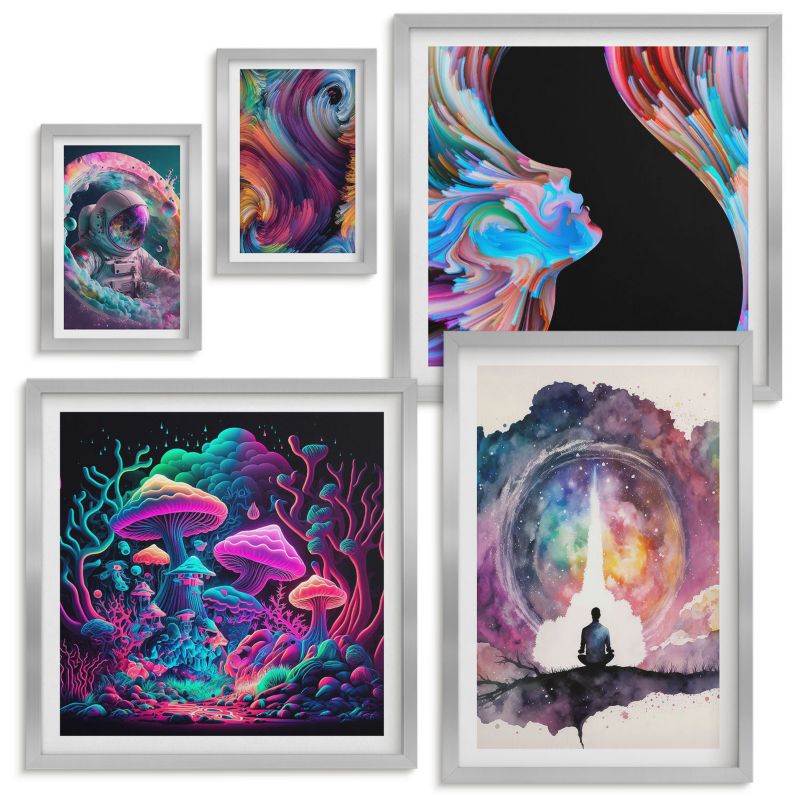 Set Obrazów w Ramie Wallfluent Kolorowe ilustracje fantasy sztuka Srebrna rama 5 szt.