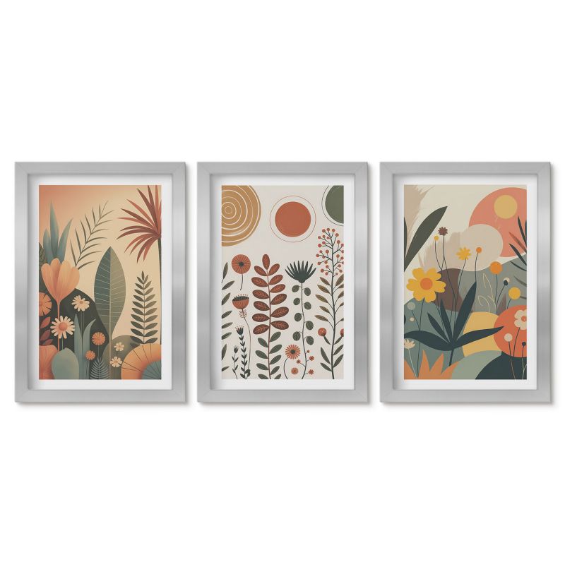 Zestaw 3 obrazów w srebrnej ramie Tulup 20x30 cm Boho roślinne wzory natura Stylowa galeria nad biurko 1 kpl