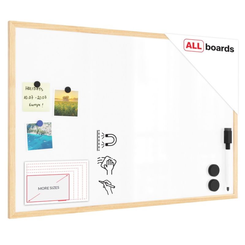 Tablica suchościeralna magnetyczna 90x60 cm ALLboards rama drewniana naturalna 1 szt.