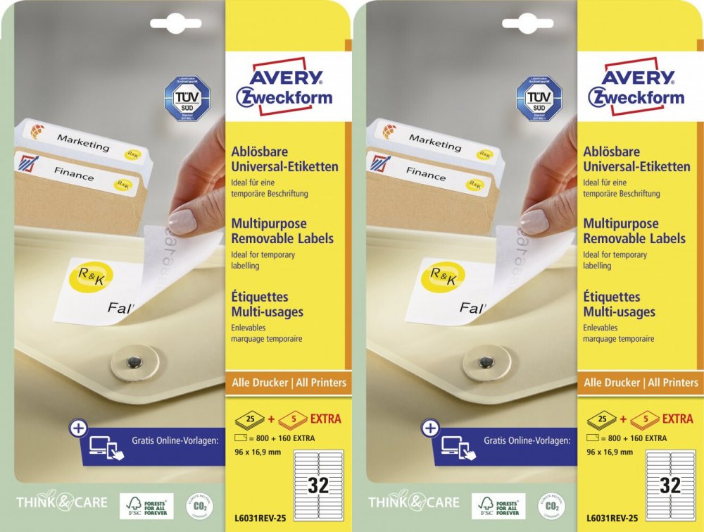 2x Etykiety samoprzylepne usuwalne Avery Zweckform, 96x16.9mm, 25 arkuszy + 5 gratis, , biały