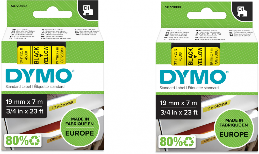 2x Taśma Dymo D1, 19mmx7m, nadruk czarny, taśma żółta