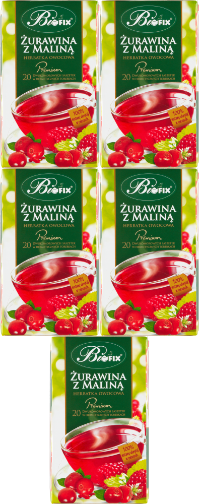 5x Herbatka owocowa w kopertach BiFix Premium, żurawina z maliną, 20 sztuk x 2g