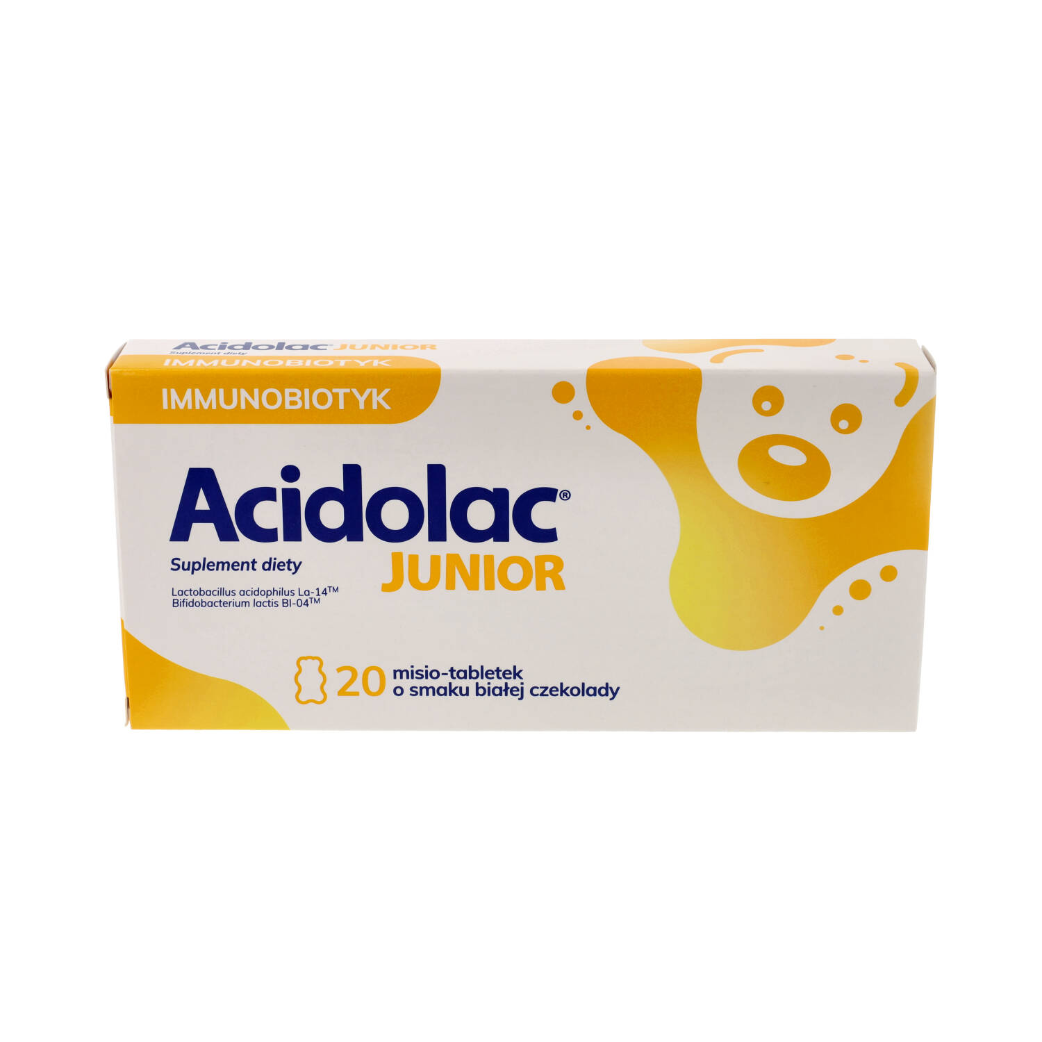 Acidolac junior, dla dzieci od 3 lat, smak białej czekolady, 20 misio-tabletek