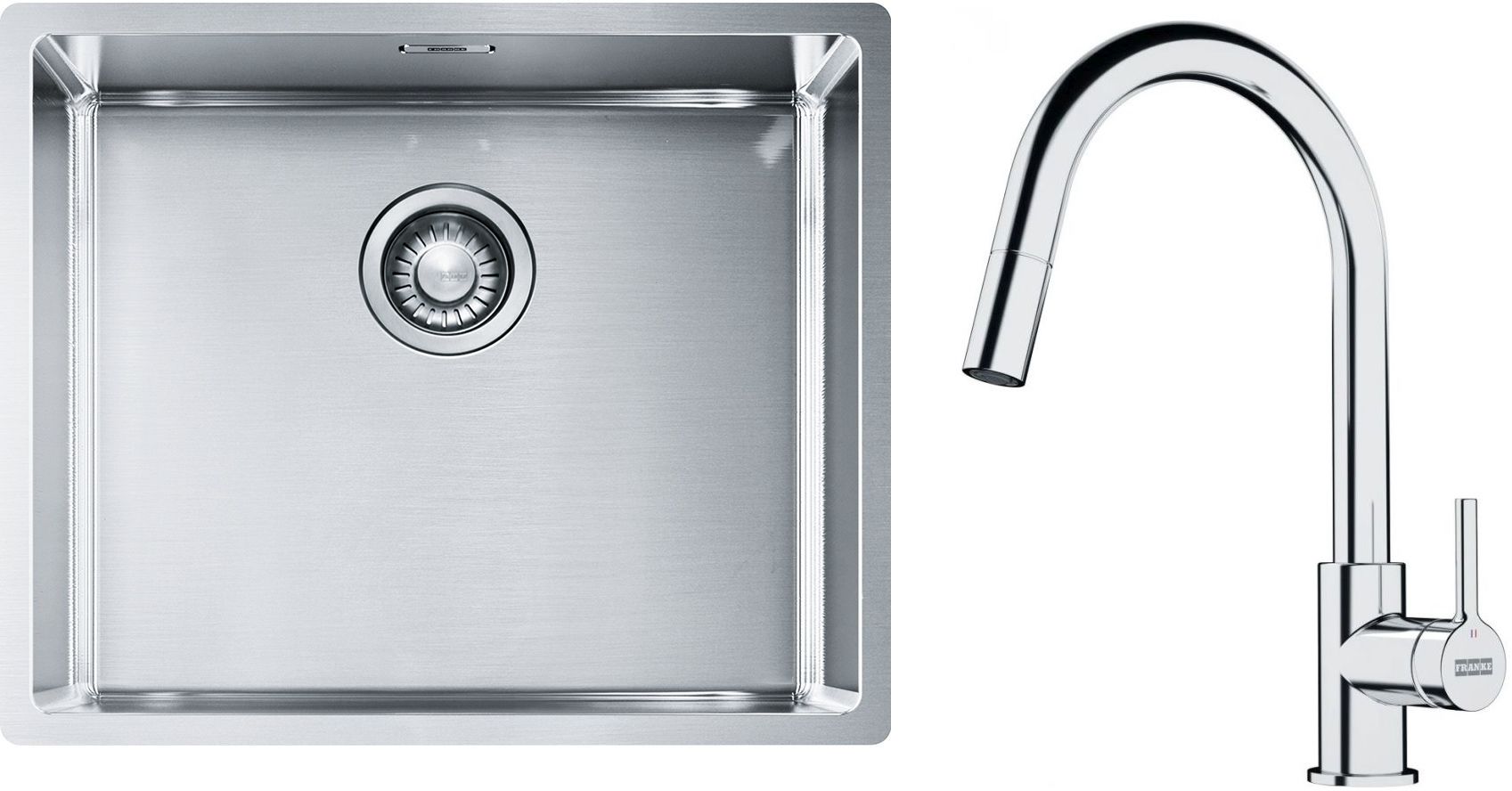 Zestaw Franke Box zlewozmywak stalowy 54x45 cm stal z baterią kuchenną stojąca z wyciąganą wylewką chrom (127.0453.656, 115.0693.229)