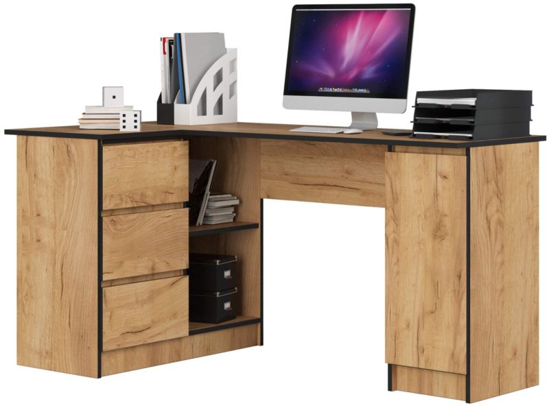 Biurko narożne Akord B20 Dąb Craft 155 cm lewe 1 drzwi 3 szuflady kolor Dąb Craft mat 4 półki 155x85x77 cm 1 szt.